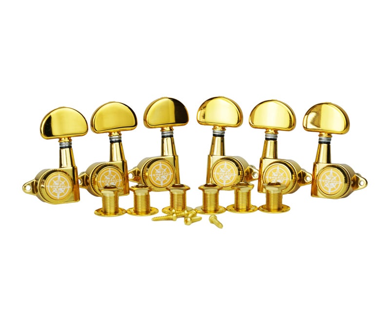 Guyker 6Pcs Guitar Locking Tuners (3L + 3R) â€“ 1:21 Lock String Tuning Key Pegs Machine Heads with Half-Circle Handle Replacement for LP SG Style Electric, Folk or Acoustic Guitars â€“ Golden - Image 1